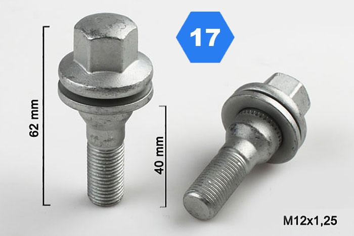 M12x1,25 Wielbout Peugeot/Citroen, Platte kop, Draadlengte 40mm, SW 17